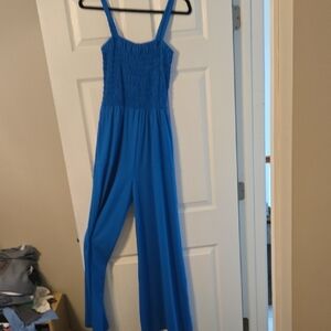 Smocked Wide-Leg Jumpsuit in Bright Blue